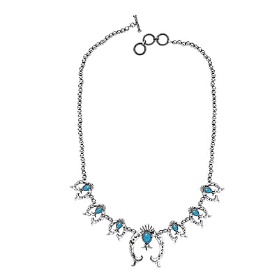 Artisan Crafted Sleeping Beauty Turquoise Squash Blossom Necklace 18-20 Inches in Sterling Silver 4.60 ctw