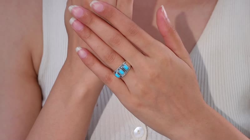 Premium Sleeping Beauty Turquoise 3 Stone Ring in Sterling Silver (Size 10.0)