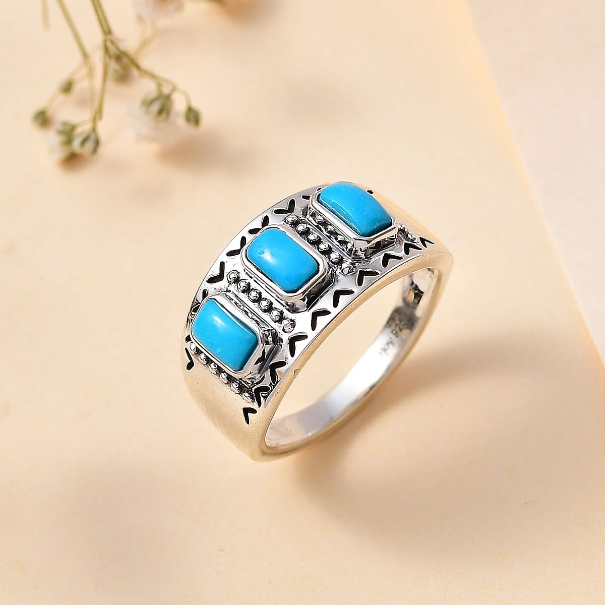 Artisan Crafted Sleeping Beauty Turquoise 3 Stone Ring in Sterling Silver (Size 7.0) 0.85 ctw image number 1