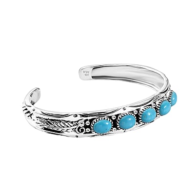 Artisan Crafted Sleeping Beauty Turquoise Feather Cuff Bracelet in Sterling Silver (7.25 In) 5.50 ctw
