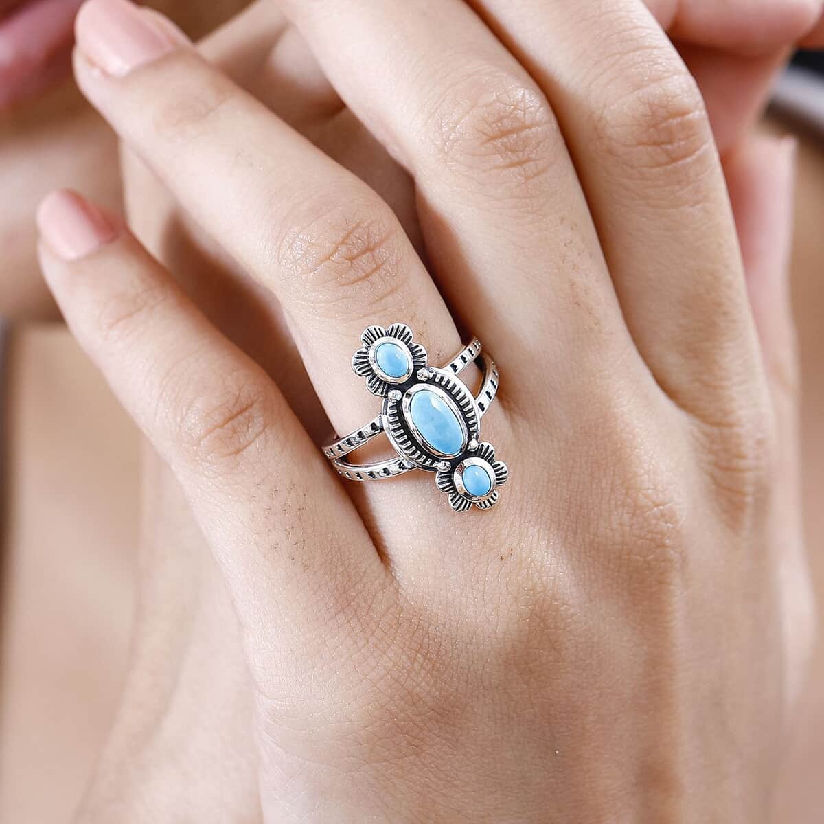 Artisan Crafted Sleeping Beauty Turquoise 3 Stone Ring in Sterling Silver 1.00 ctw image number 2