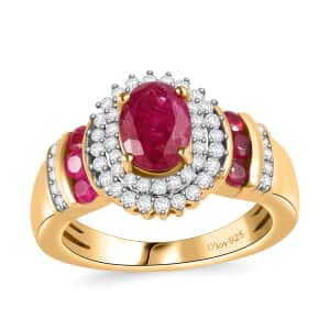 Montepuez Ruby and Moissanite Art Deco Ring in 18K Vermeil Yellow Gold Over Sterling Silver (Size 10.0) 2.00 ctw