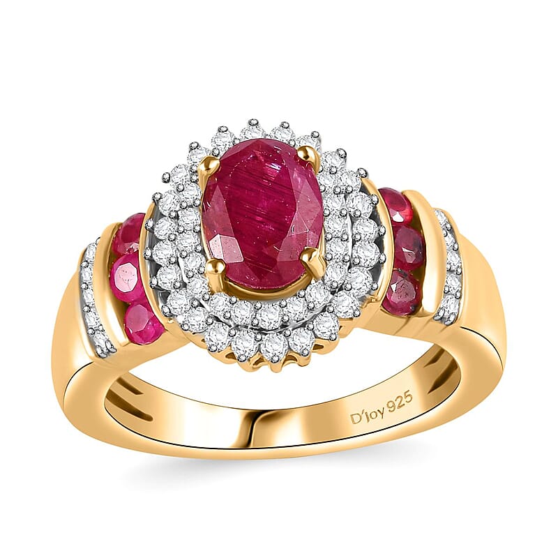 Montepuez Ruby and Moissanite Art Deco Ring in 18K Vermeil Yellow Gold Over Sterling Silver (Size 10.0) 2.00 ctw