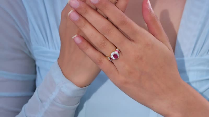 Montepuez Ruby and Moissanite Art Deco Ring in 18K Vermeil Yellow Gold Over Sterling Silver 2.00 ctw