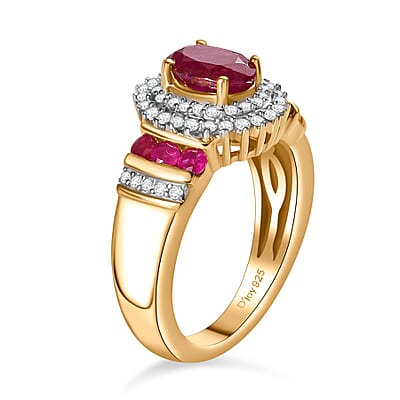 Montepuez Ruby and Moissanite Art Deco Ring in 18K Vermeil Yellow Gold Over Sterling Silver (Size 10.0) 2.00 ctw