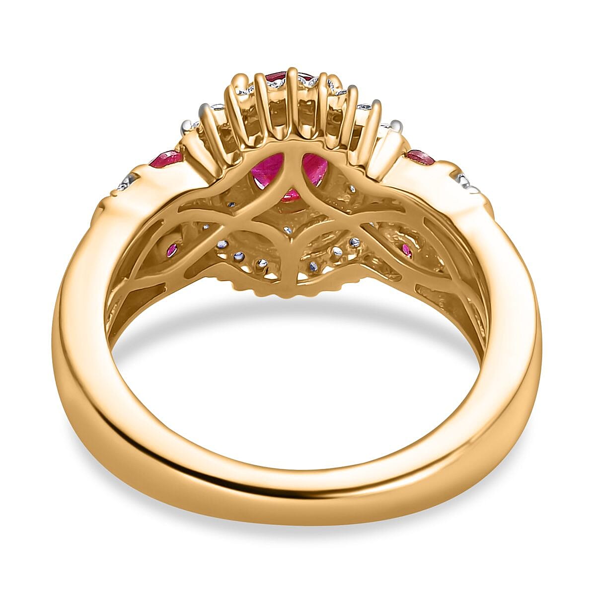 Montepuez Ruby and Moissanite Art Deco Ring in 18K Vermeil Yellow Gold Over Sterling Silver (Size 10.0) 2.00 ctw