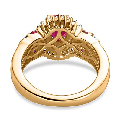 Montepuez Ruby and Moissanite Art Deco Ring in 18K Vermeil Yellow Gold Over Sterling Silver (Size 10.0) 2.00 ctw