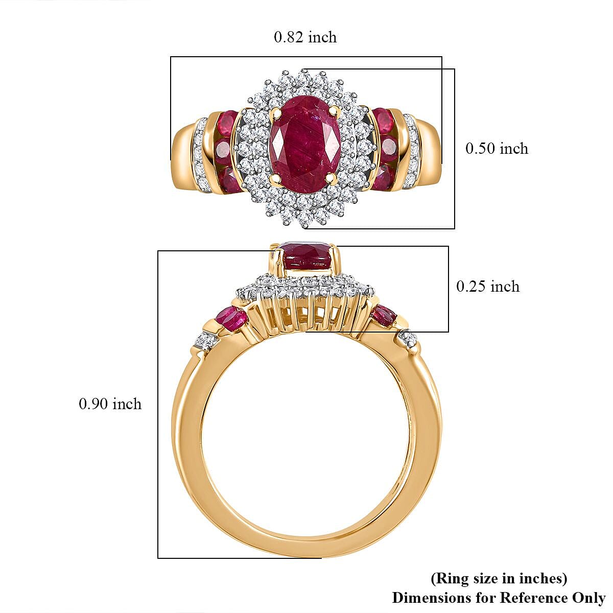 Montepuez Ruby and Moissanite Art Deco Ring in 18K Vermeil Yellow Gold Over Sterling Silver (Size 10.0) 2.00 ctw