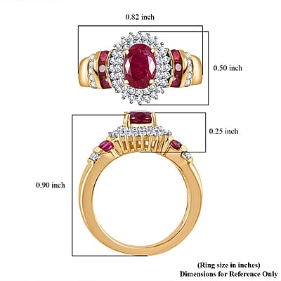 Montepuez Ruby and Moissanite Art Deco Ring in 18K Vermeil Yellow Gold Over Sterling Silver (Size 10.0) 2.00 ctw
