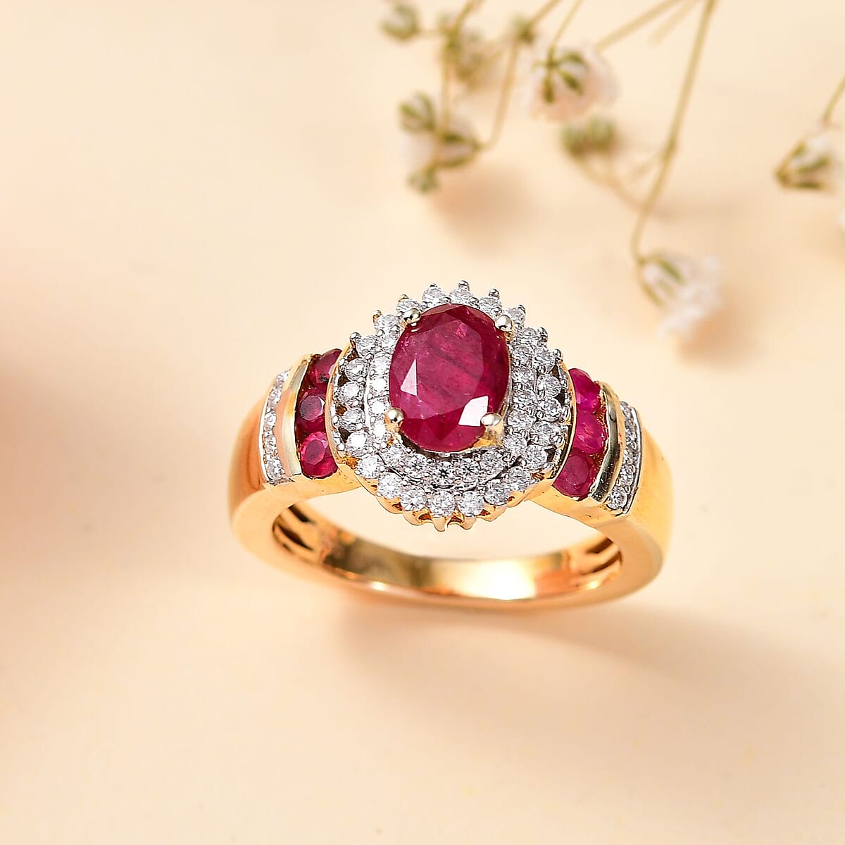 Montepuez Ruby and Moissanite Art Deco Ring in 18K Vermeil Yellow Gold Over Sterling Silver (Size 5.0) 2.00 ctw image number 1