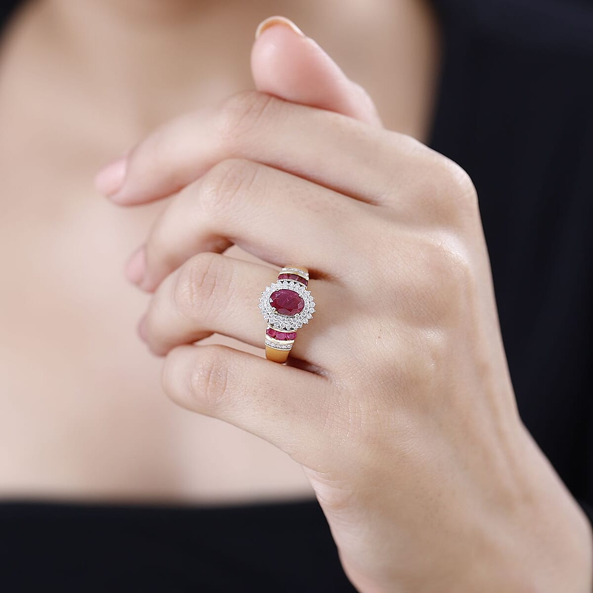 Montepuez Ruby and Moissanite Art Deco Ring in 18K Vermeil Yellow Gold Over Sterling Silver (Size 5.0) 2.00 ctw image number 2
