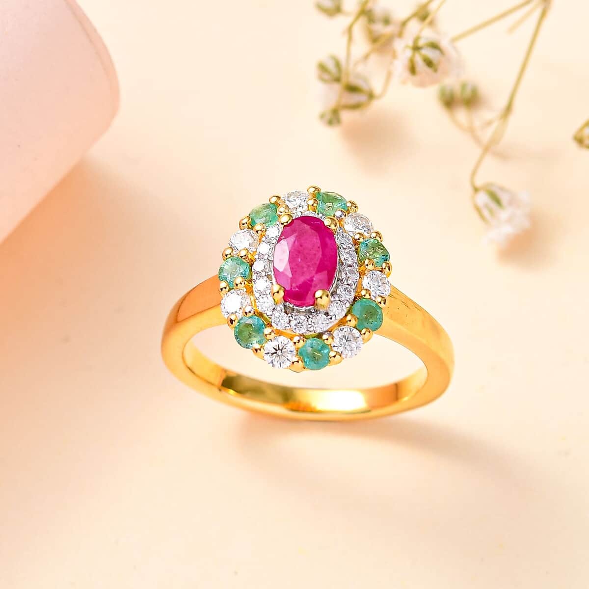 Montepuez Ruby and Multi Gemstone Double Halo Ring in 18K Vermeil Yellow Gold Over Sterling Silver (Size 10.0) 1.25 ctw image number 1