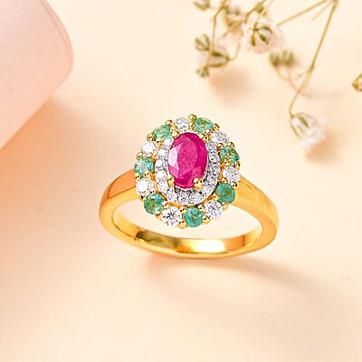 Montepuez Ruby and Multi Gemstone Double Halo Ring in 18K Vermeil Yellow Gold Over Sterling Silver (Size 10.0) 1.25 ctw
