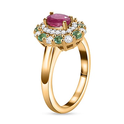 Montepuez Ruby and Multi Gemstone Double Halo Ring in 18K Vermeil Yellow Gold Over Sterling Silver (Size 10.0) 1.25 ctw