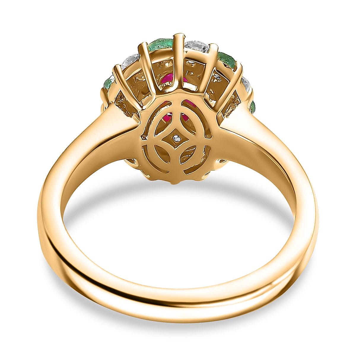 Montepuez Ruby and Multi Gemstone Double Halo Ring in 18K Vermeil Yellow Gold Over Sterling Silver (Size 10.0) 1.25 ctw