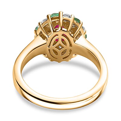 Montepuez Ruby and Multi Gemstone Double Halo Ring in 18K Vermeil Yellow Gold Over Sterling Silver (Size 10.0) 1.25 ctw