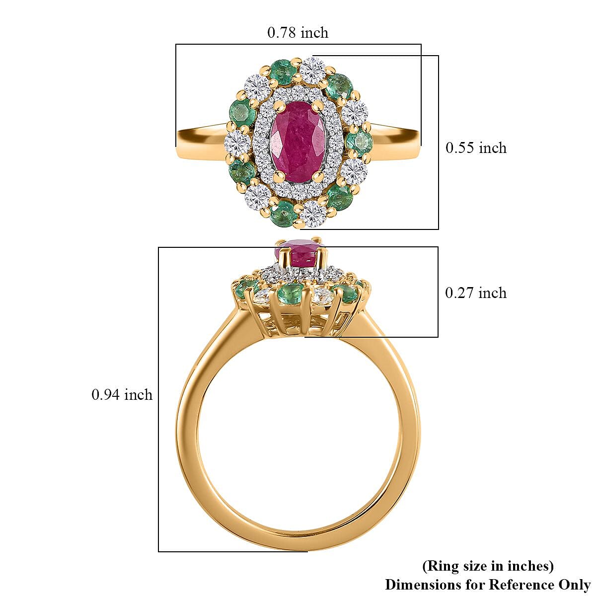 Montepuez Ruby and Multi Gemstone Double Halo Ring in 18K Vermeil Yellow Gold Over Sterling Silver (Size 10.0) 1.25 ctw