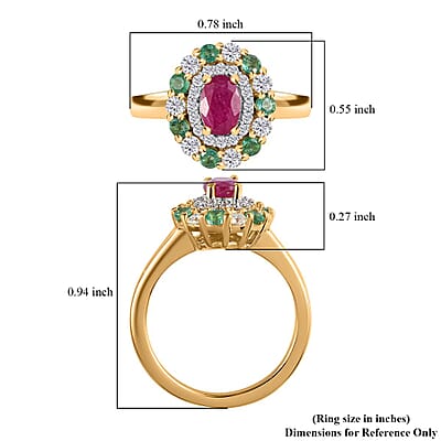 Montepuez Ruby and Multi Gemstone Double Halo Ring in 18K Vermeil Yellow Gold Over Sterling Silver (Size 10.0) 1.25 ctw