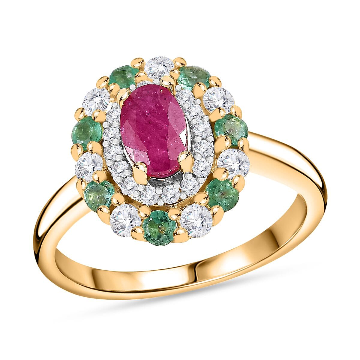 Montepuez Ruby and Multi Gemstone Double Halo Ring in 18K Vermeil Yellow Gold Over Sterling Silver (Size 5.0) 1.25 ctw image number 0