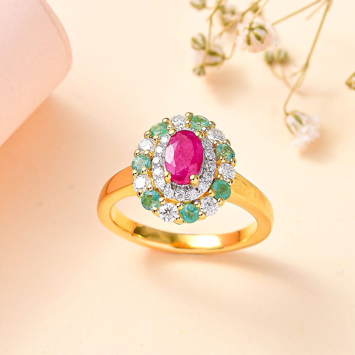 Montepuez Ruby and Multi Gemstone Double Halo Ring in 18K Vermeil Yellow Gold Over Sterling Silver (Size 5.0) 1.25 ctw image number 1