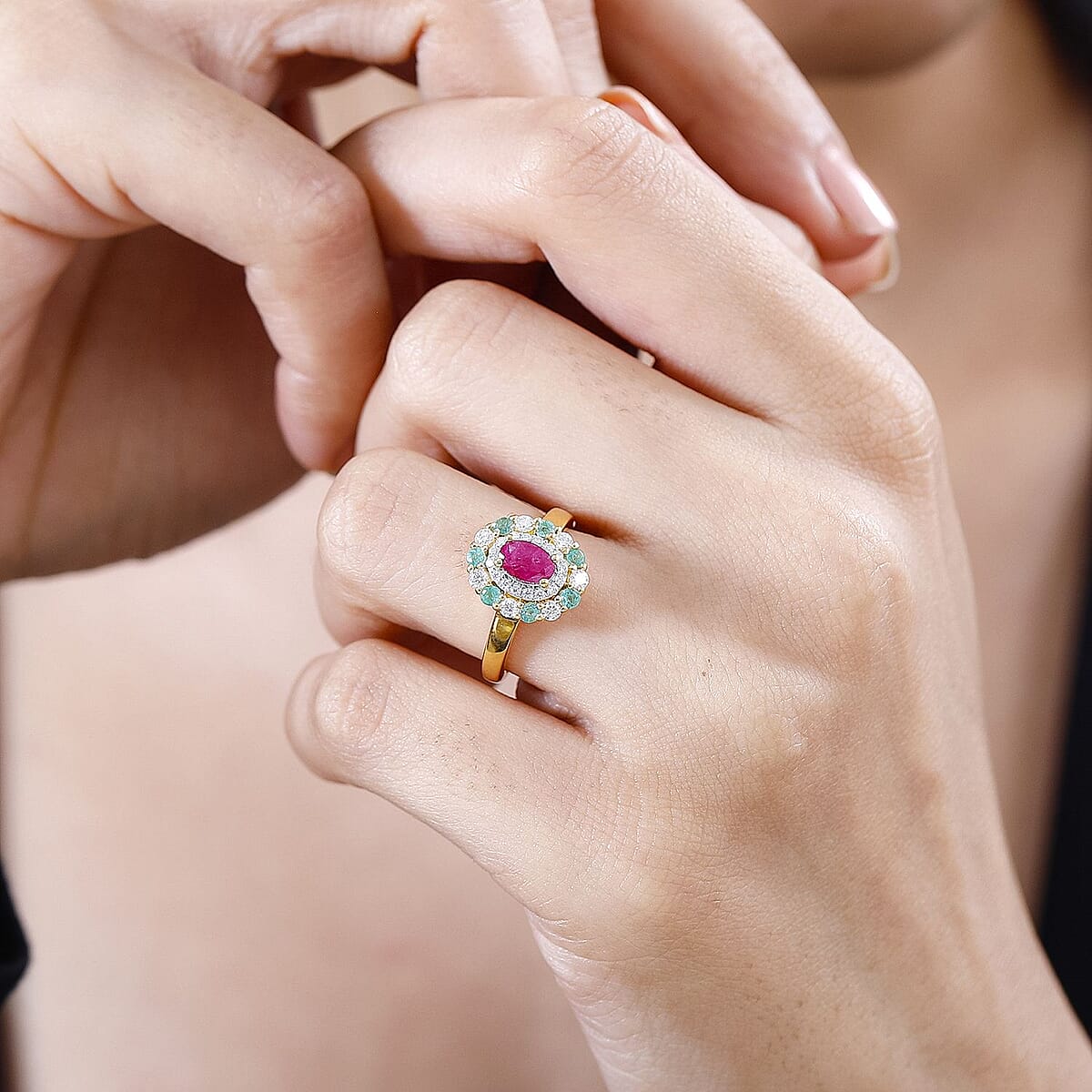 Montepuez Ruby and Multi Gemstone Double Halo Ring in 18K Vermeil Yellow Gold Over Sterling Silver (Size 5.0) 1.25 ctw image number 2