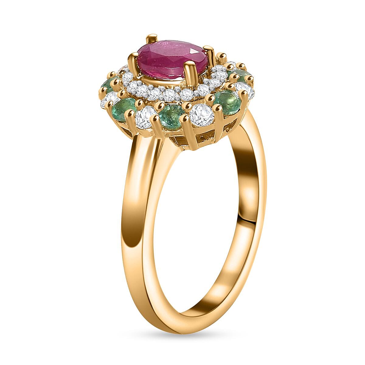 Montepuez Ruby and Multi Gemstone Double Halo Ring in 18K Vermeil Yellow Gold Over Sterling Silver (Size 5.0) 1.25 ctw image number 3