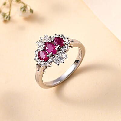 Montepuez Ruby and Moissanite Art Deco Ring in Rhodium Over Sterling Silver (Size 7.0) 1.15 ctw