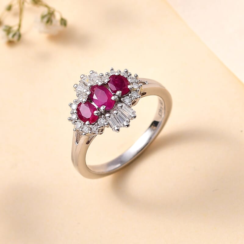 Montepuez Ruby and Moissanite Art Deco Ring in Rhodium Over Sterling Silver (Size 7.0) 1.15 ctw