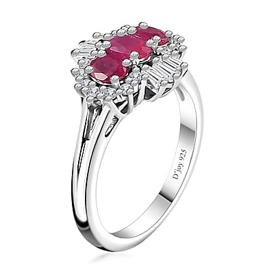 Montepuez Ruby and Moissanite Art Deco Ring in Rhodium Over Sterling Silver (Size 7.0) 1.15 ctw