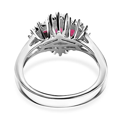 Montepuez Ruby and Moissanite Art Deco Ring in Rhodium Over Sterling Silver (Size 7.0) 1.15 ctw