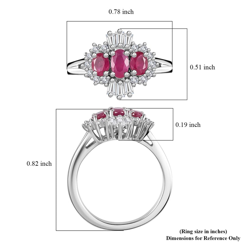 Montepuez Ruby and Moissanite Art Deco Ring in Rhodium Over Sterling Silver (Size 7.0) 1.15 ctw