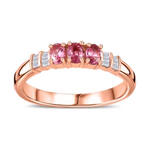 Premium Mahenge Spinel and Diamond Trilogy Ring in 18K Vermeil Rose Gold Over Sterling Silver (Size 10.0) 0.65 ctw