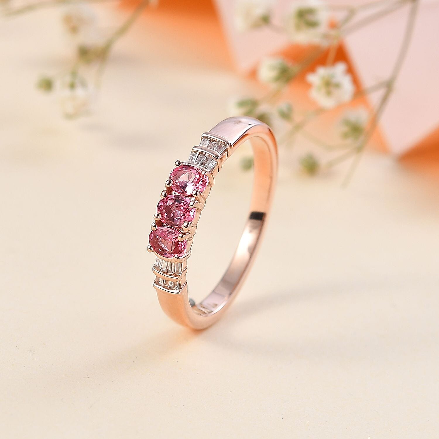 Premium Mahenge Spinel and Diamond Trilogy Ring in 18K Vermeil Rose Gold Over Sterling Silver (Size 10.0) 0.65 ctw
