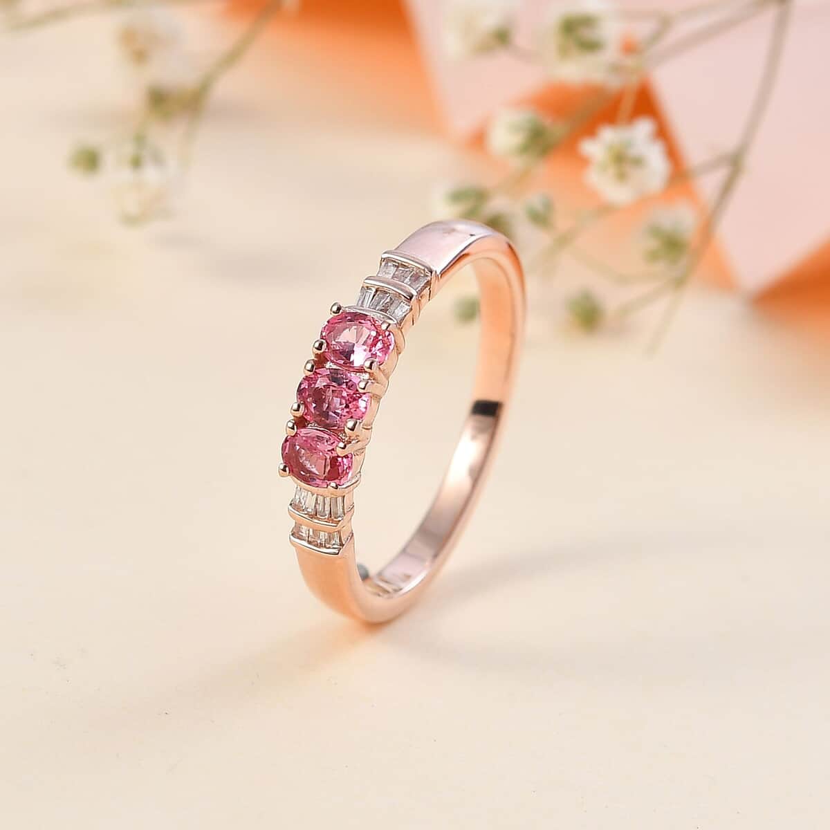 Premium Mahenge Spinel and Diamond Trilogy Ring in 18K Vermeil Rose Gold Over Sterling Silver (Size 6.0) 0.65 ctw image number 1