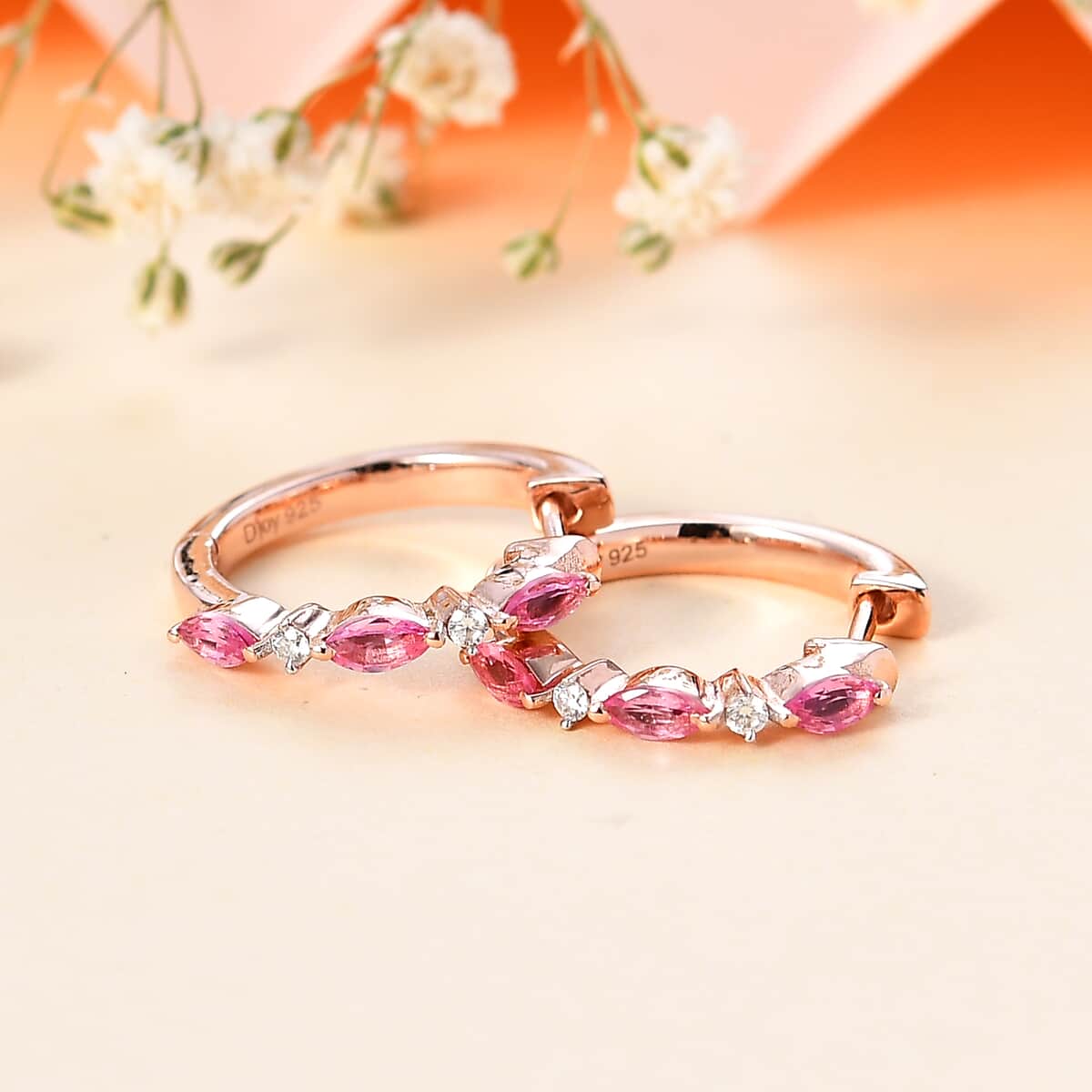 Premium Mahenge Spinel and Moissanite Modern Glamour Hoop Earrings in 18K Vermeil Rose Gold Over Sterling Silver 0.60 ctw image number 1