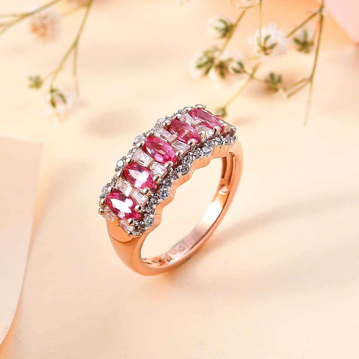 Premium Mahenge Spinel and White Zircon 1.50 ctw Art Deco Ring in 18K Vermeil Rose Gold Over Sterling Silver (Size 6.0) image number 1