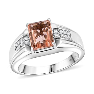 Morganique Quartz (Triplet) and White Zircon Men's Ring in Rhodium Over Sterling Silver (Size 9.0) 4.00 ctw