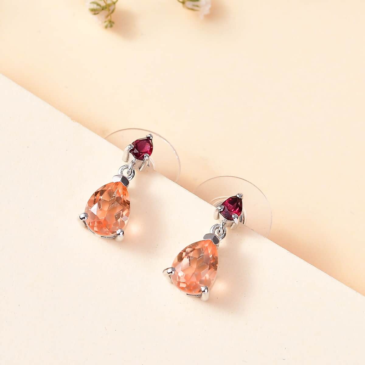 Morganique Quartz (Triplet) and Orissa Rhodolite Garnet Drop Earrings in Rhodium Over Sterling Silver 3.10 ctw image number 1