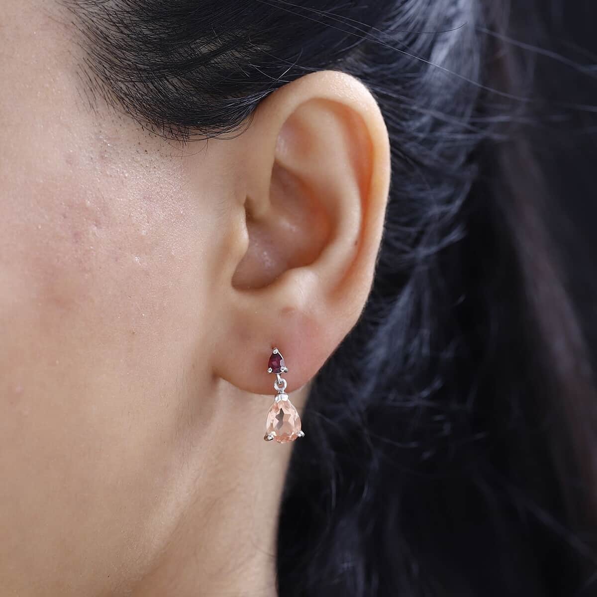 Morganique Quartz (Triplet) and Orissa Rhodolite Garnet Drop Earrings in Rhodium Over Sterling Silver 3.10 ctw image number 2