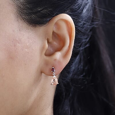 Morganique Quartz (Triplet) and Orissa Rhodolite Garnet Drop Earrings in Rhodium Over Sterling Silver 3.10 ctw