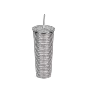Crystal Studded Double Walled Reusable Leak Proof Stainless Cup with Straw 24oz, Quencher Travel Tumbler- White 