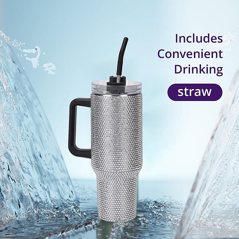 White Crystal Double Walled Water Bottle with Straw 40 oz