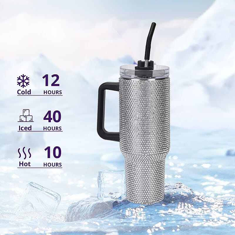 White Crystal Double Walled Water Bottle with Straw 40 oz