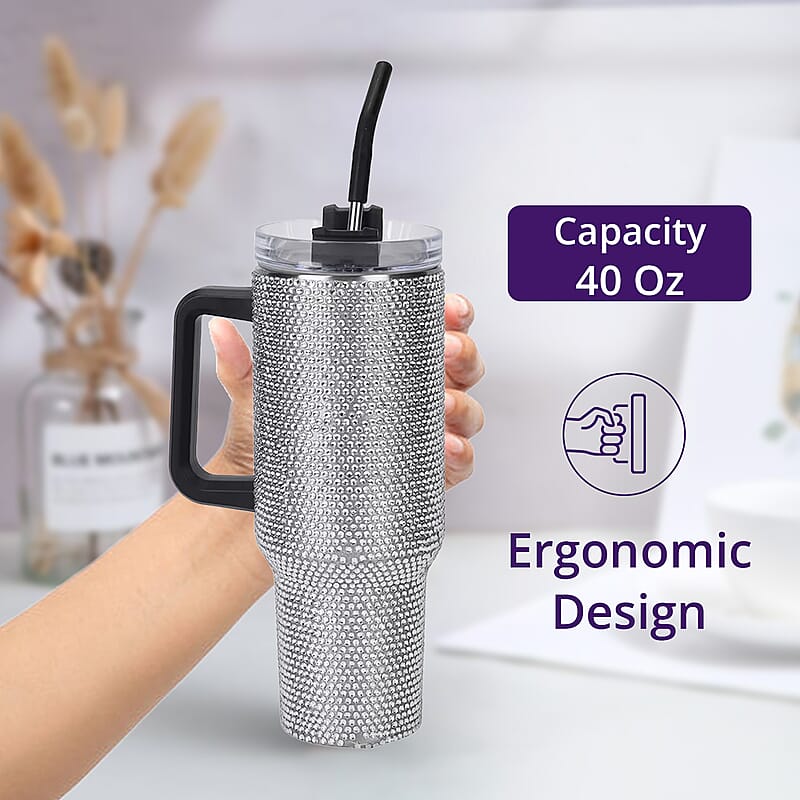 White Crystal Double Walled Water Bottle with Straw 40 oz