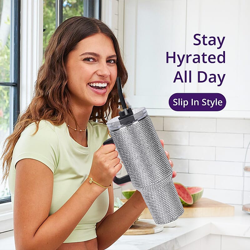 White Crystal Double Walled Water Bottle with Straw 40 oz