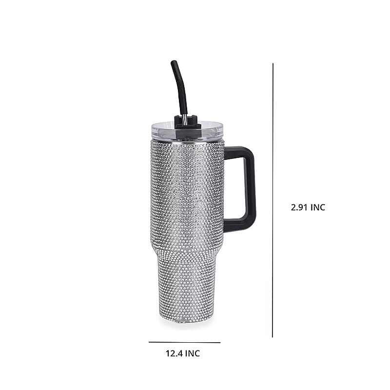 White Crystal Double Walled Water Bottle with Straw 40 oz