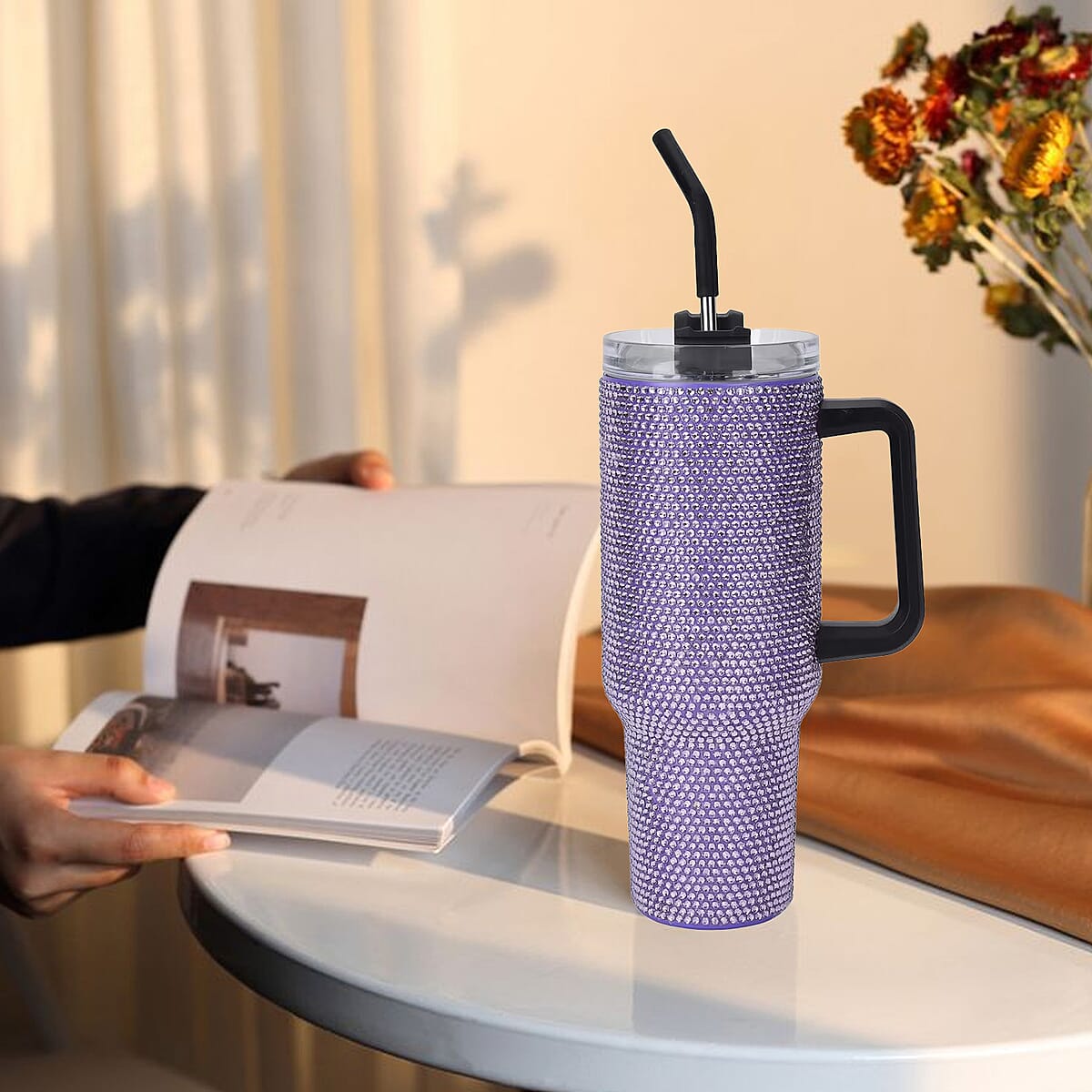 Purple Crystal Double Walled Water Bottle with Straw 40 oz image number 1