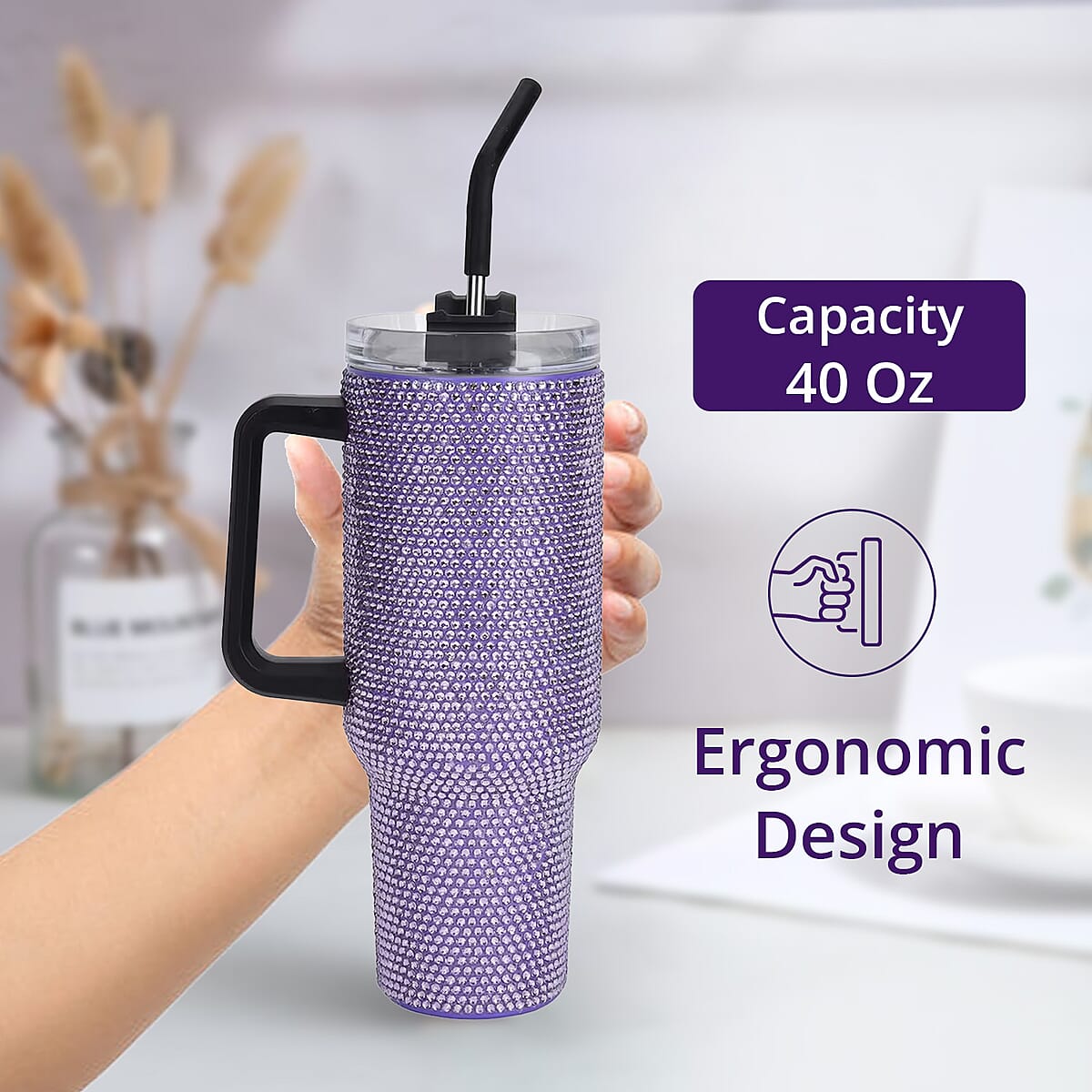 Purple Crystal Double Walled Water Bottle with Straw 40 oz image number 5