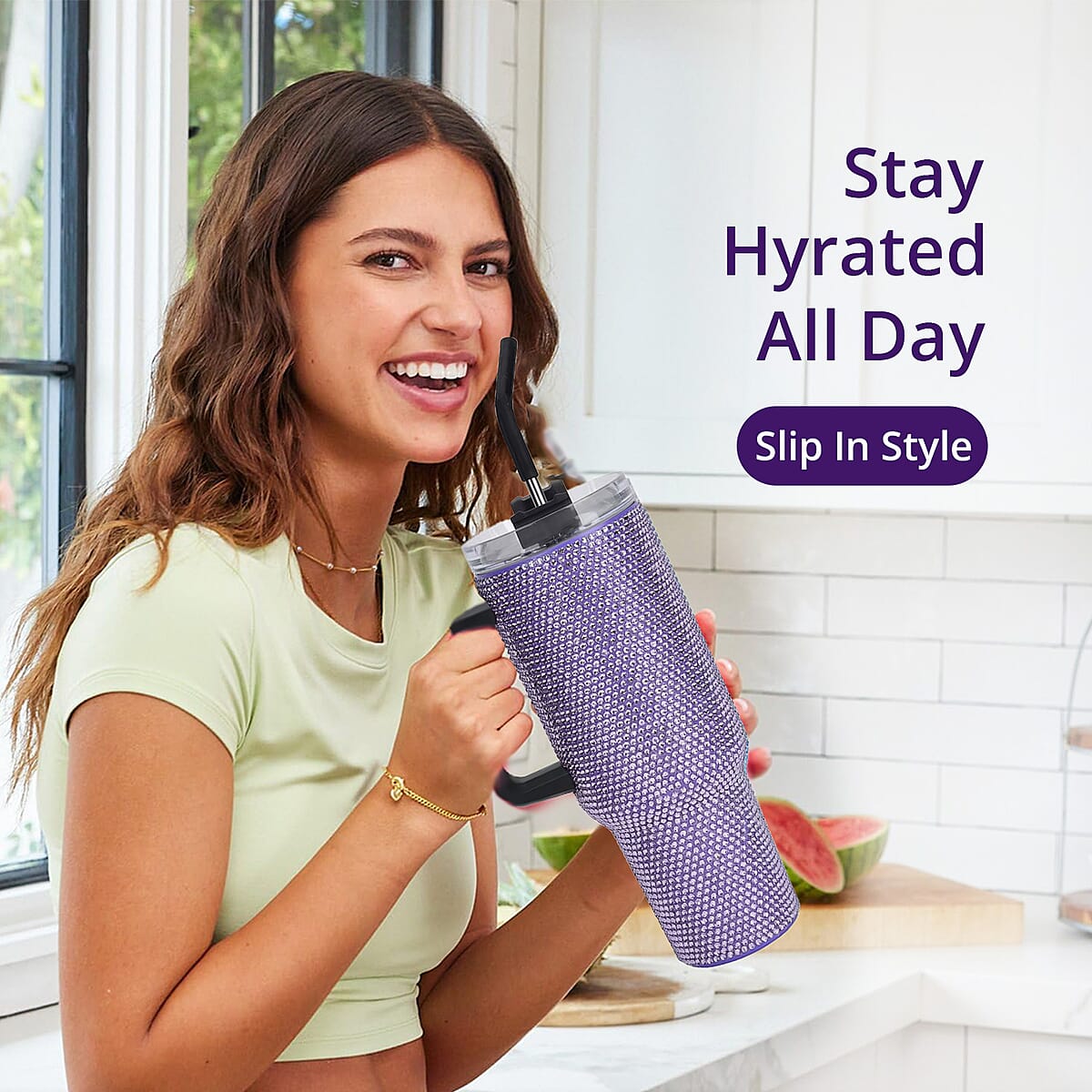 Purple Crystal Double Walled Water Bottle with Straw 40 oz image number 8