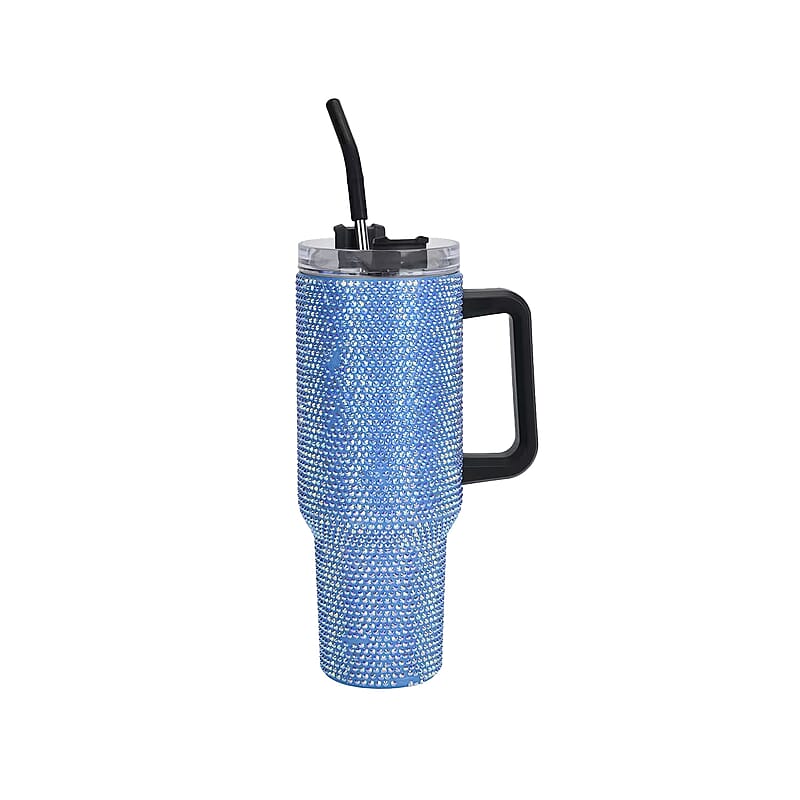 Blue Crystal Double Walled Water Bottle with Straw 40 oz